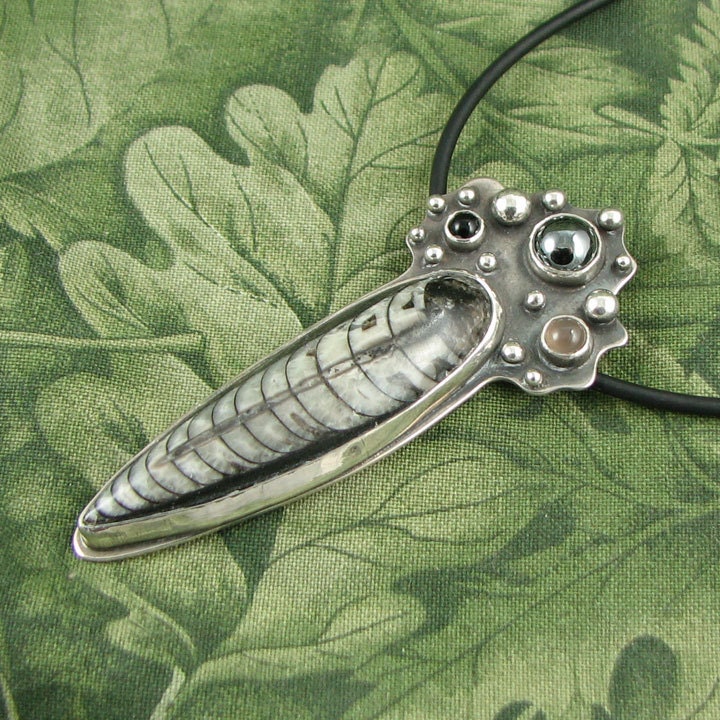 ANCIENT TRAVELER fossil cephalopod, hematite and moonstone Sterling Pendant OOAK