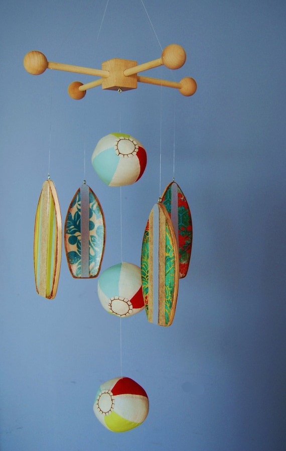 Baby Mobile Surfboards - Beach Time Mobile with Plush Beach Balls -Wood Mobiles for a Beach Themed Nursery