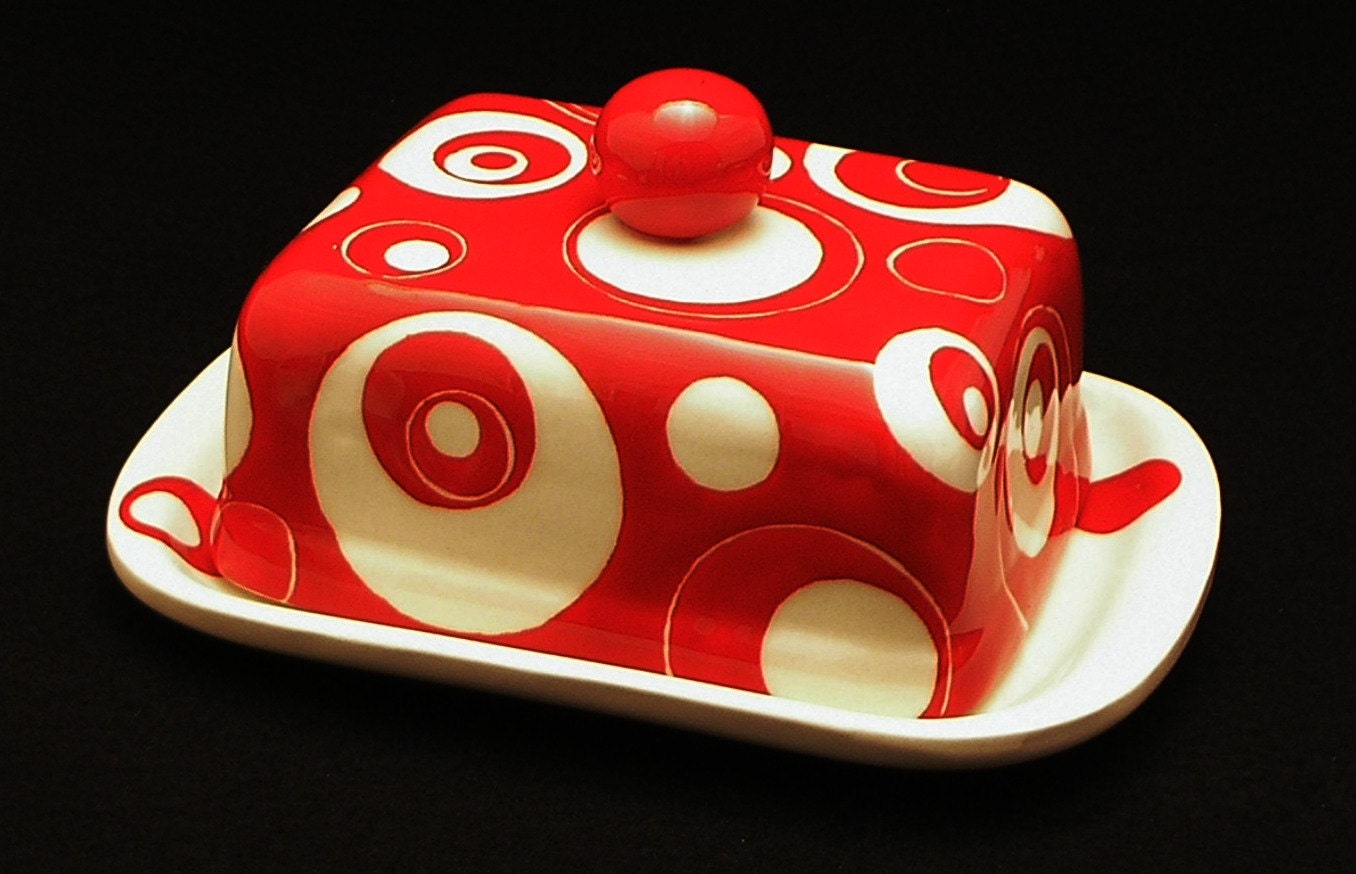 Butter Dish.Solid Red Knobbed Double Butter Dish. Red. Double. Circles. Dot. Butter. Dish. Tray. Handmade by Sara Hunter Designs.