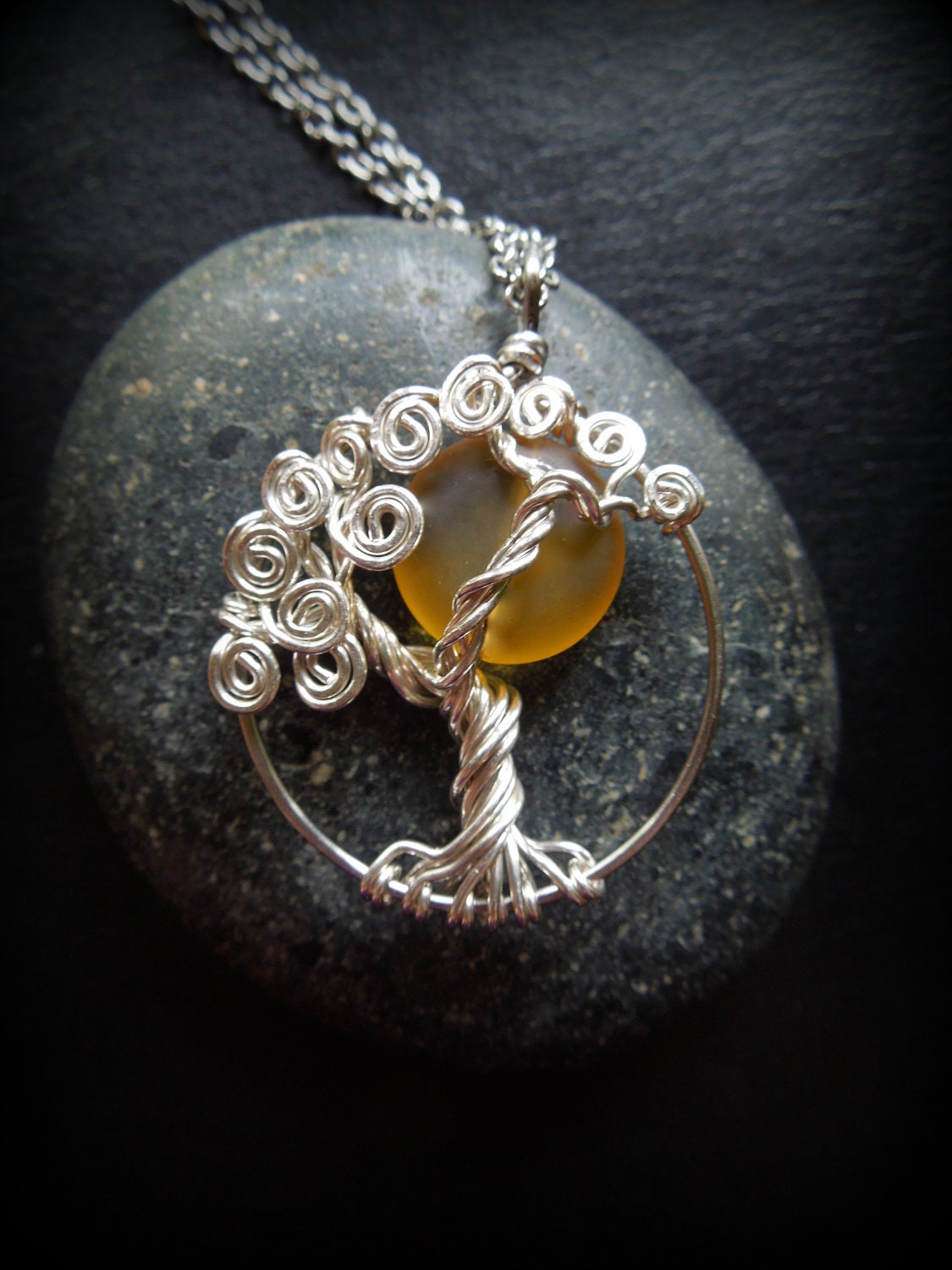 Golden Yellow Honey Moon in a Tree of Life Necklace-Sterling Silver