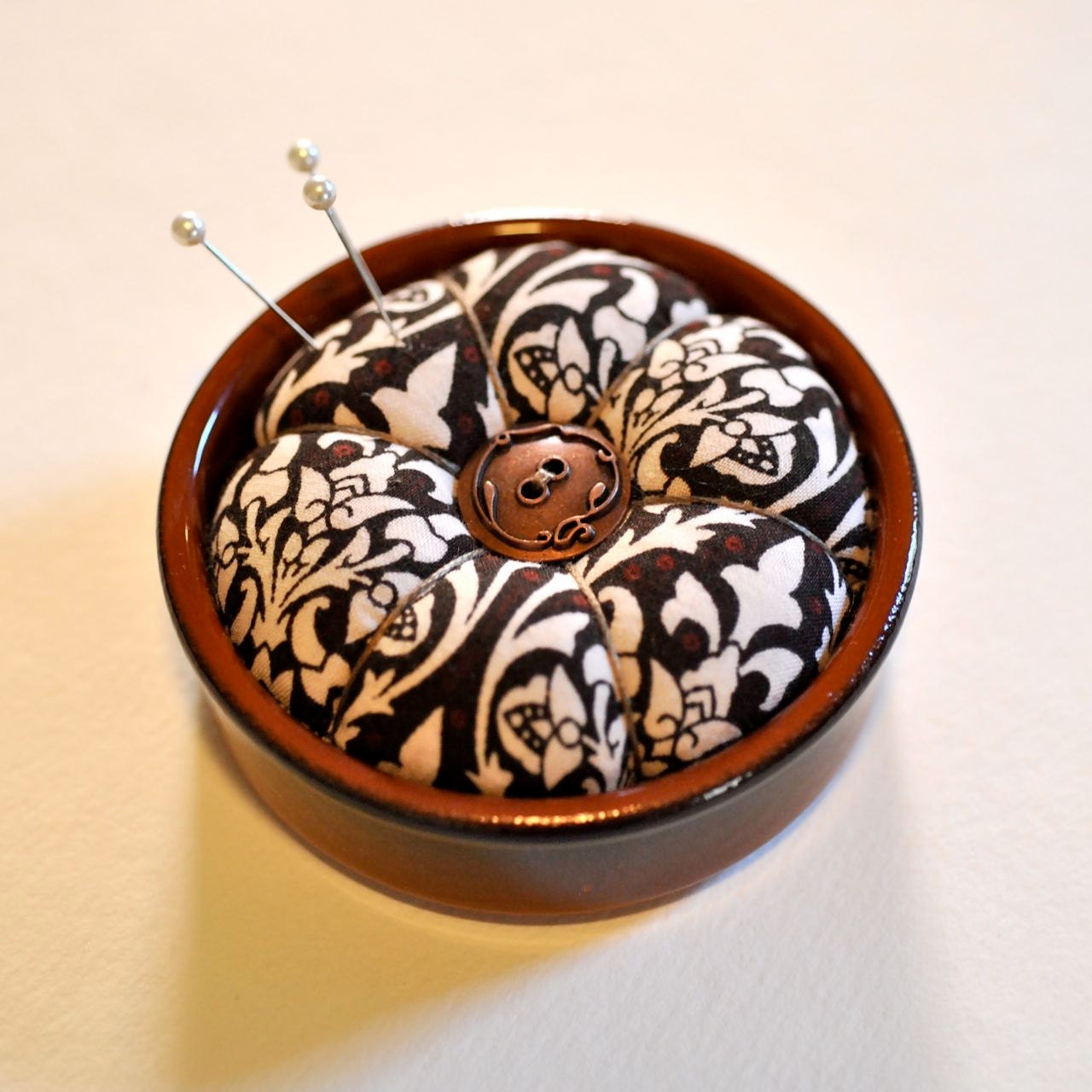 Pincushion - Regal Scrolls in a French Cheese Pot