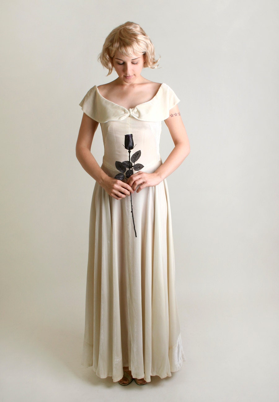 1930s White Velvet Gown - Vintage Ivory Spring Wedding Dress - Small