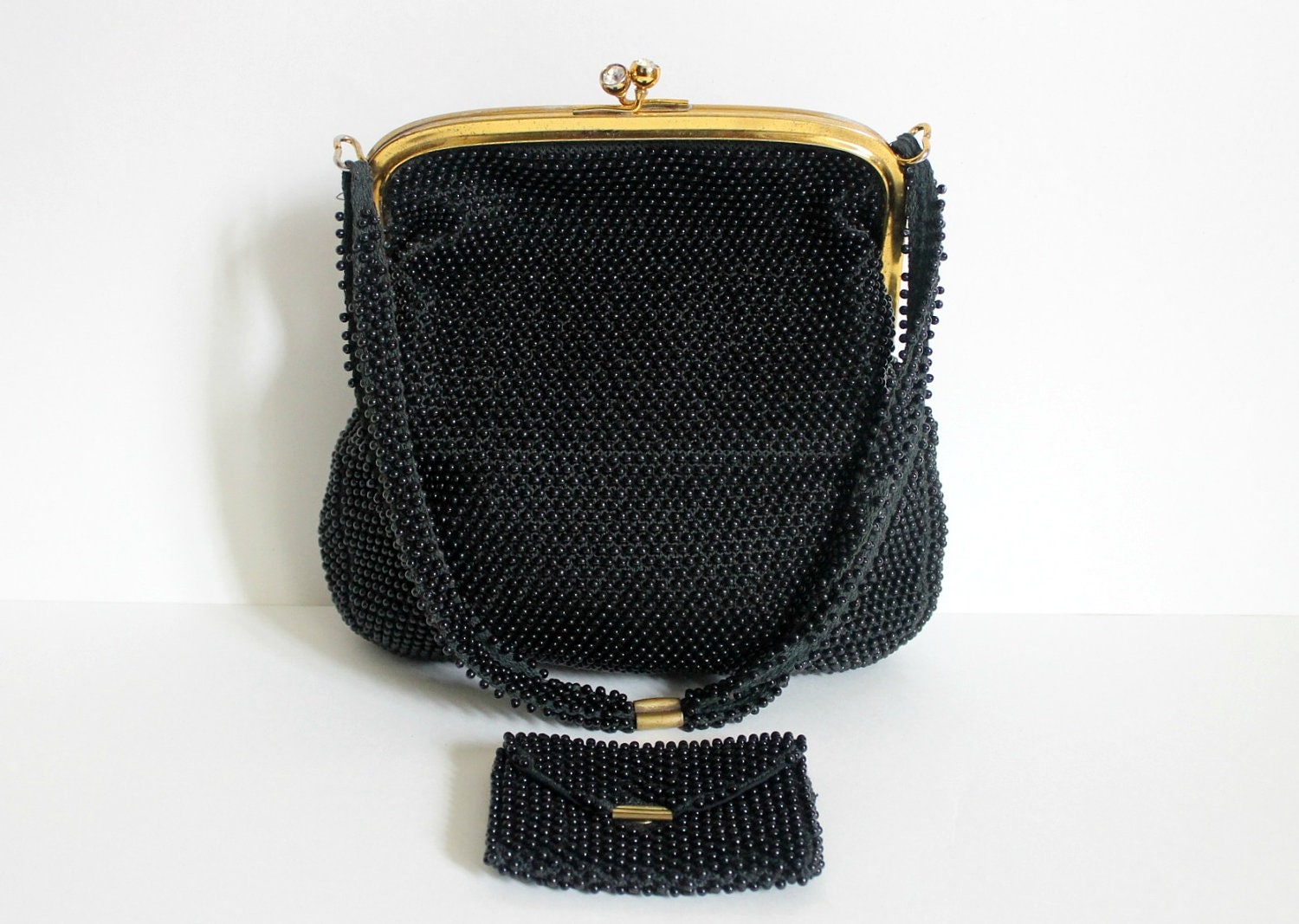 Vintage 1940s Corde Handbag / Black Beaded Purse / Black Evening Bag
