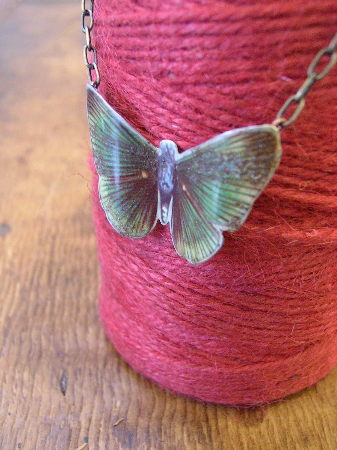 Butterfly green. Reclaimed vintage tins necklace.