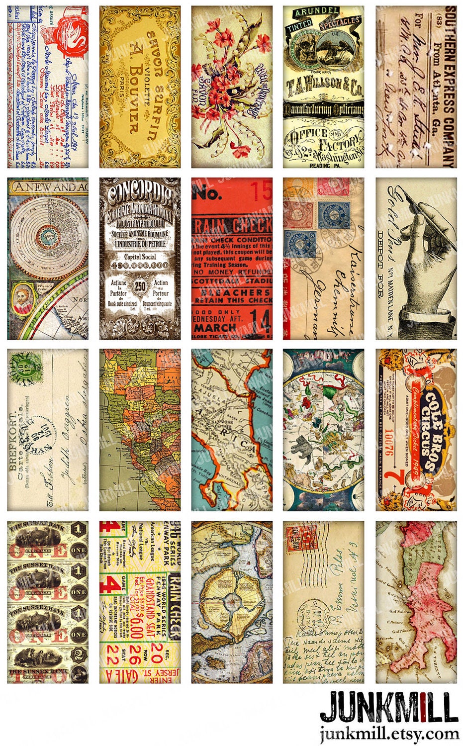 PAPER BITS - Digital Printable Collage Sheet - Vintage Postcards, Antique Maps, Old Book Pages & Ephemera, 1" x 2" Tiles, Instant Download