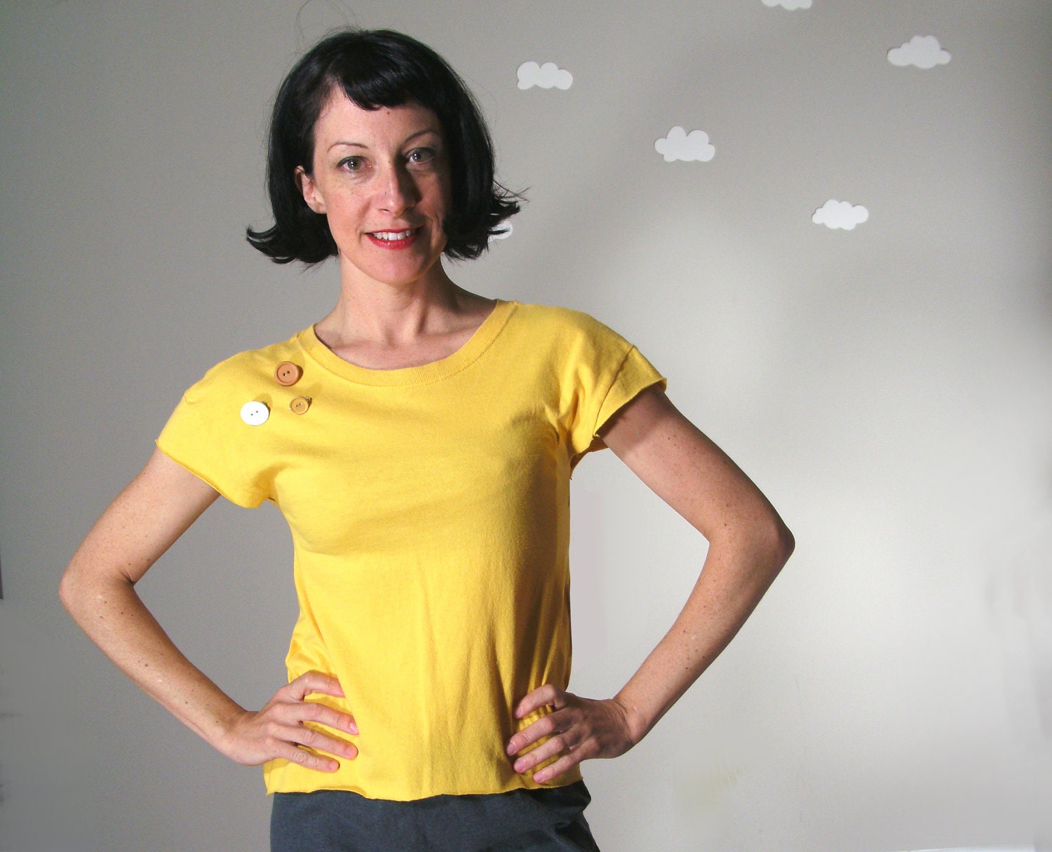 Handmade tshirt tunic eco high low hem cutout bright yellow small POINT OUT the WAY