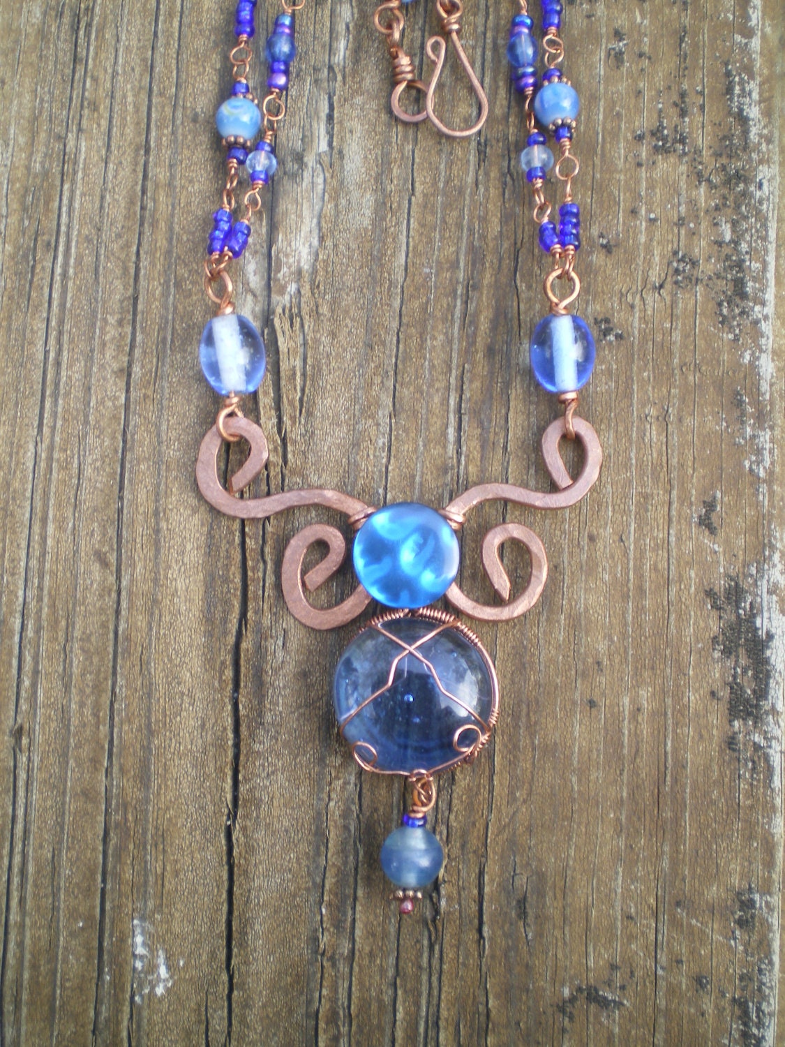 Blue Glass Recycled Copper Wire Wrapped Necklace