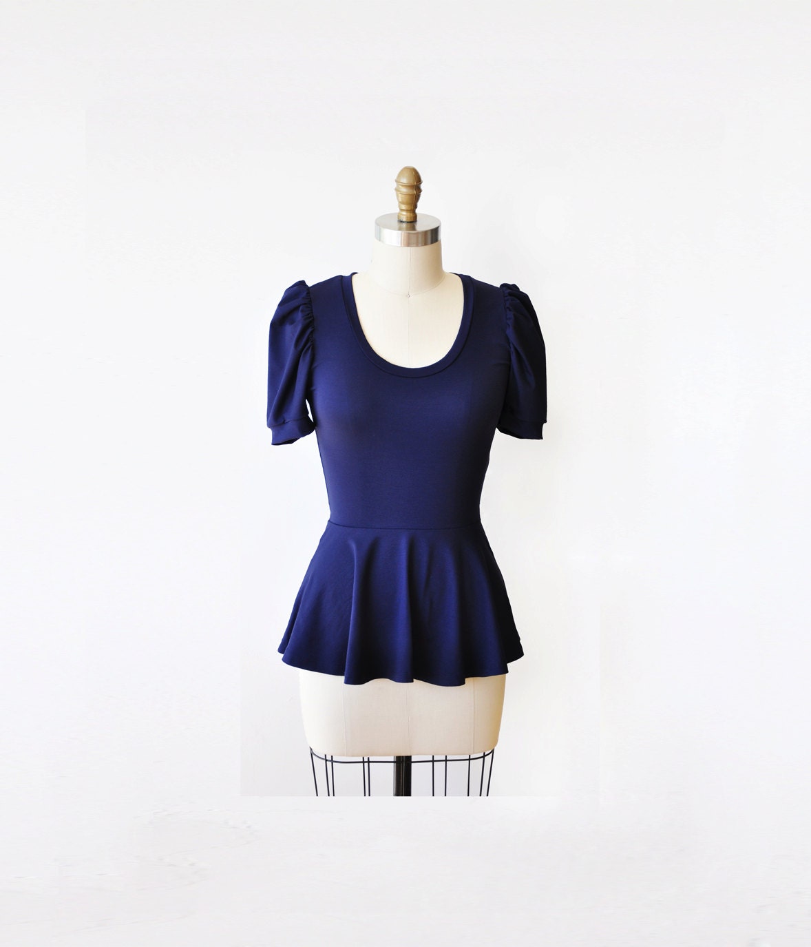 Navy Blue Peplum Blouse, Womens Top