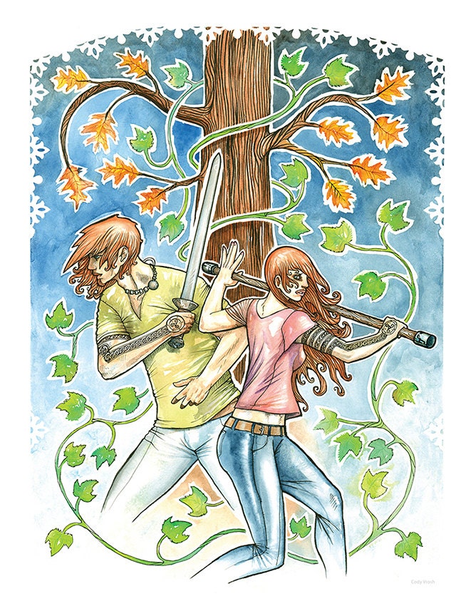 Atticus and Granuaile from The Iron Druid Chronicles - 11x14 Art Print by Cody Vrosh