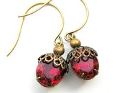 Red Drop Earrings, Ruby Red, Vintage Rhinestones, July Birthstone, Petite Earrings, Small Earrings, Antiqued Brass, Dainty, Retro Glamour