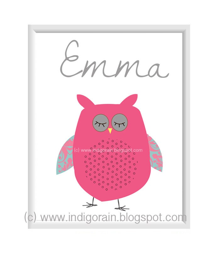 Pink Woodland Custom Nursery Art- 8X10- Personalized Name Art, Children Girl Room Decor, Pink Owl Print, Personalized Baby Shower Gifts,