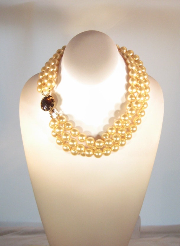 Simplicity Gold - Multistrand Swarovski Pearl and Glass Statement Necklace, Wedding Jewelry