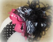 ZEBRA Over the Top Ostrich Feather Hair Bow Boutique Pageant Party Hairbow Pink Black Large Big Feathers Matching Headband Included