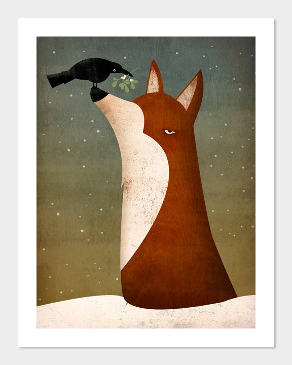 Fox, Crow and Mistletoe winter GRAPHIC ART giclee print 9x12 inches SIGNED by Ryan Fowler