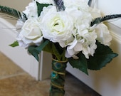 White Silk Flowers and Peacock Feathers Wedding Bouquet