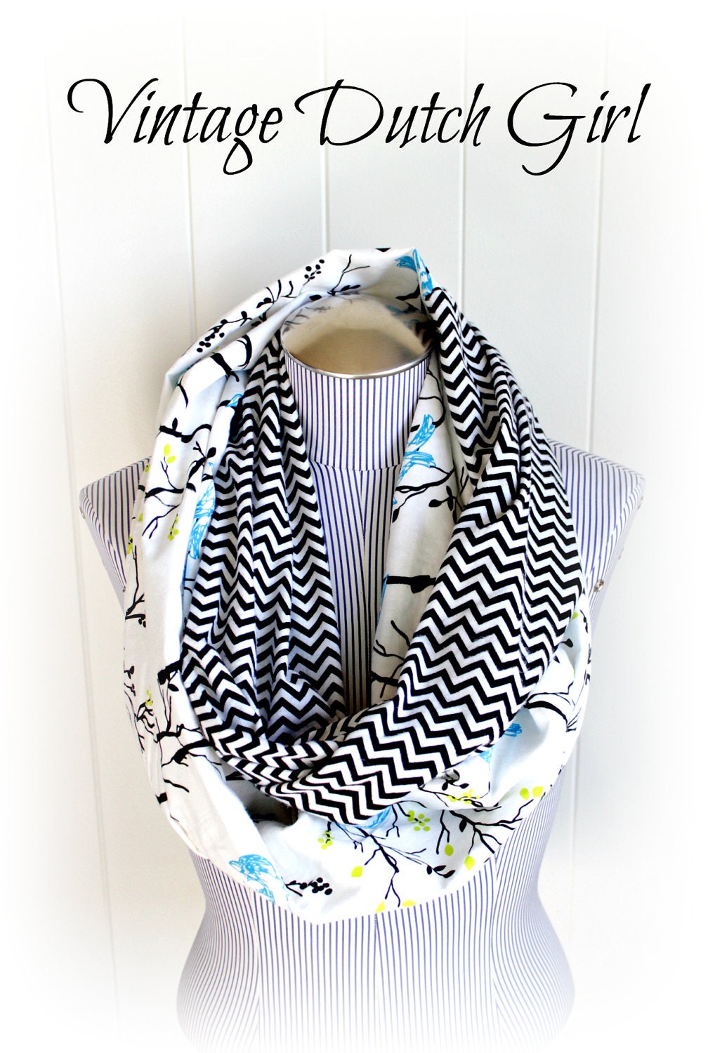 Black and White Chevron and Bird on Branches Mash-up Infinity Flannel Scarf