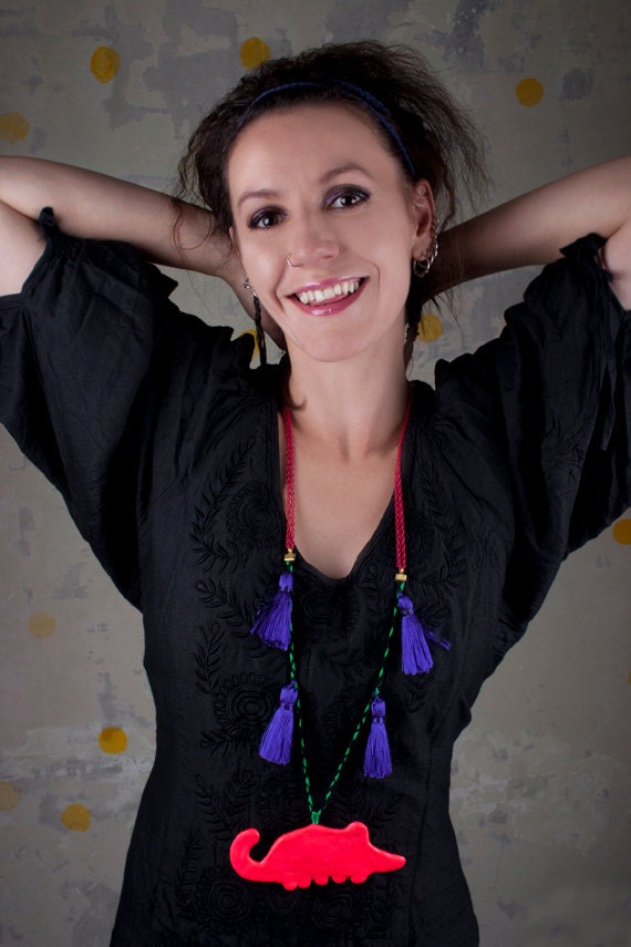 Tribal Necklace - Neon Pink Pendant - Clay Mouse and Purple Tassels - FREE SHIPPING