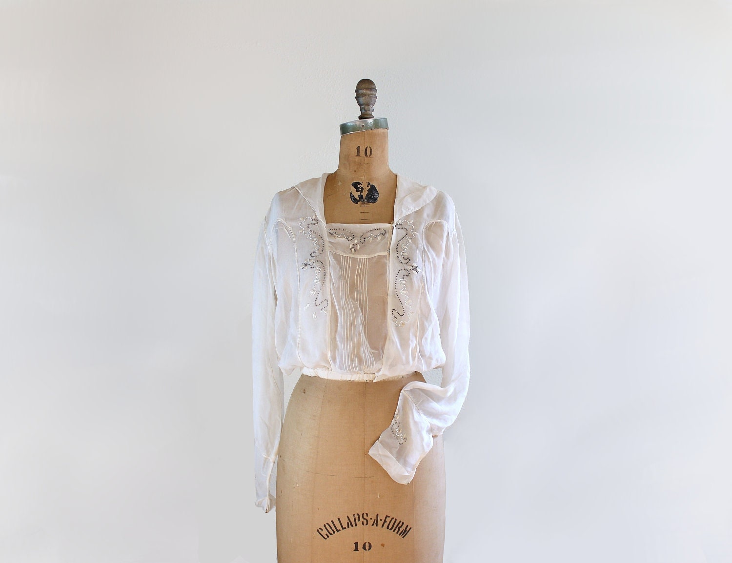 1920s blouse - 20s silk blouse - beaded embroidered - midi collar blouse small - silk chiffon
