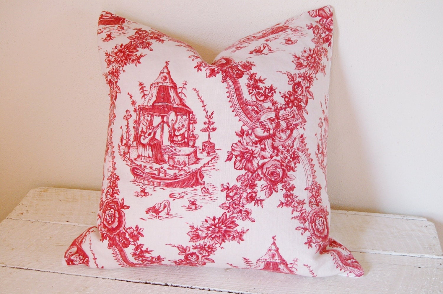 Handmade French Linen Pillow -Vintage French Red Toile- Heavy Linen -Large  22inch