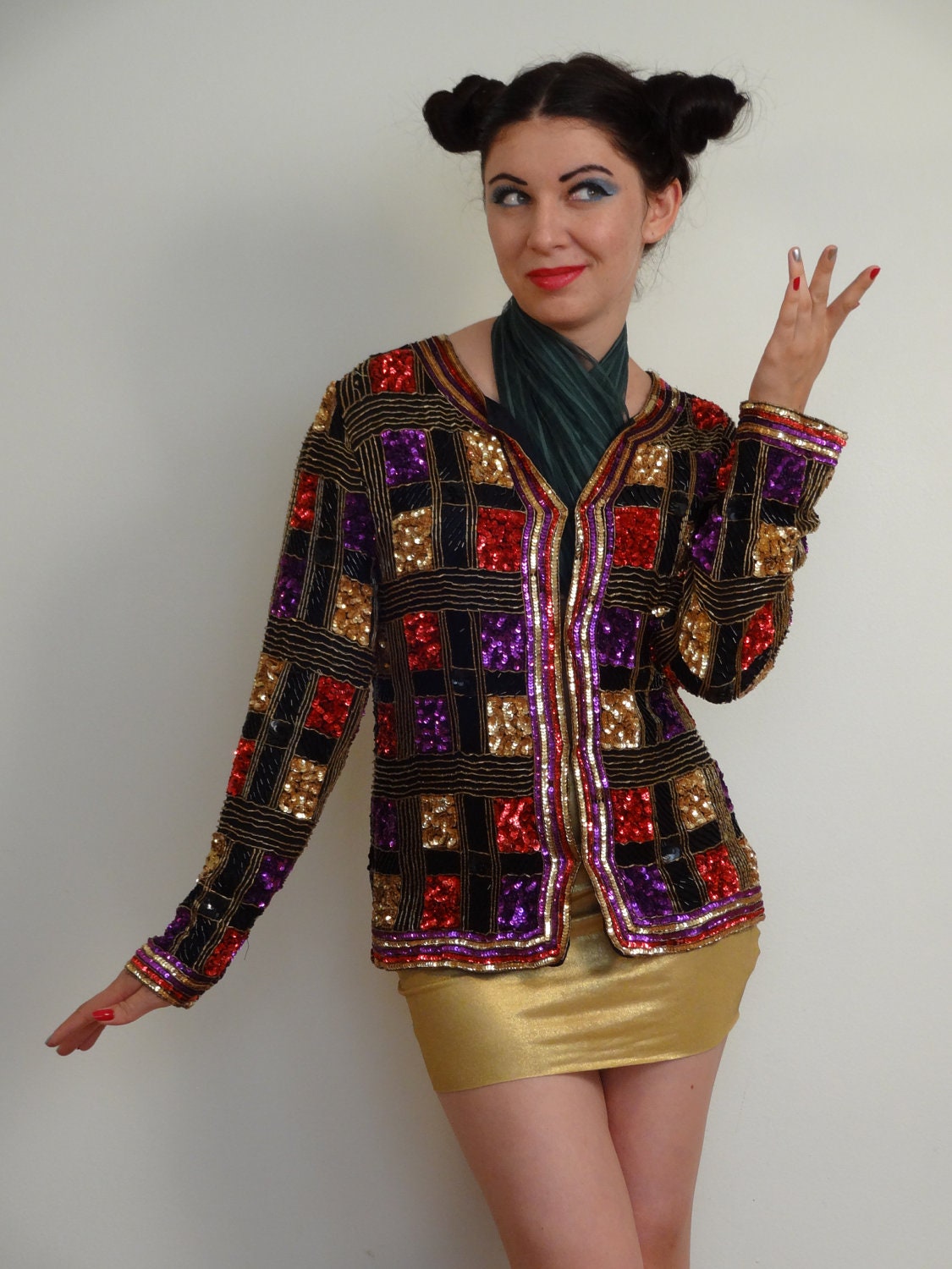 Vintage 1980s Sequin Cardigan Jacket in Patchwork Quilt Square Pattern Purple Black Gold Red