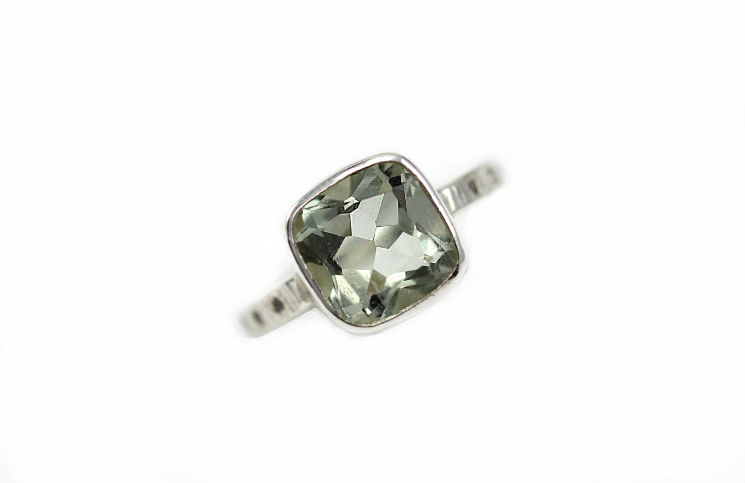 Green Amethyst Cushion Ring with Diamond Accents - Sterling Silver - Wedding Engagement Promise Ring - Custom Made to Order
