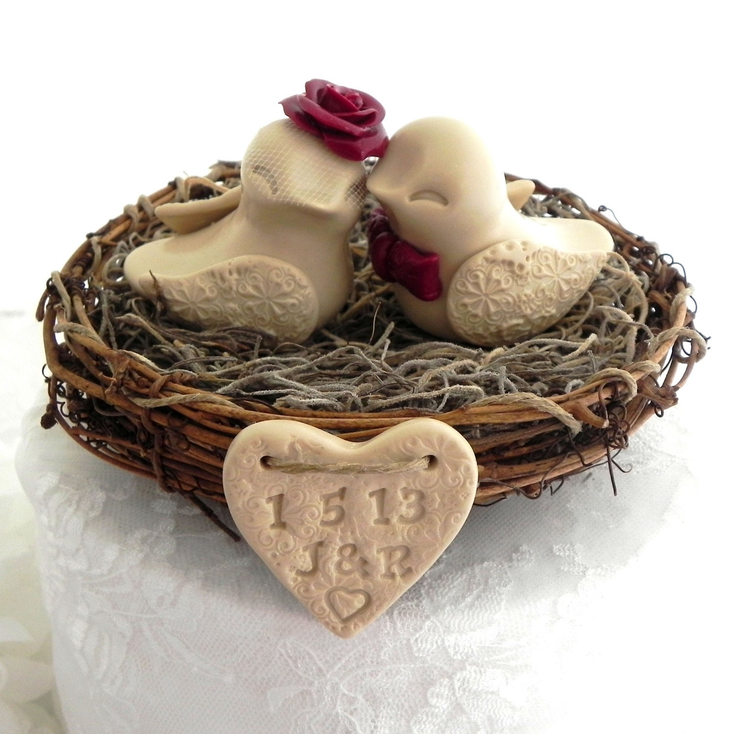 Rustic Love Bird Wedding Cake Topper - Tan, Burgundy Love Birds in Nest - Personalized Heart