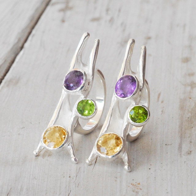 Ring - Amethyst Peridot and Citrine Sterling Silver Ring