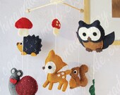 Baby Mobile - Baby Crib Mobile - Nursery Mobile - Hanging Felt Mobile - Forest Deer Playful Porcupine and Owl friends(Large Size)