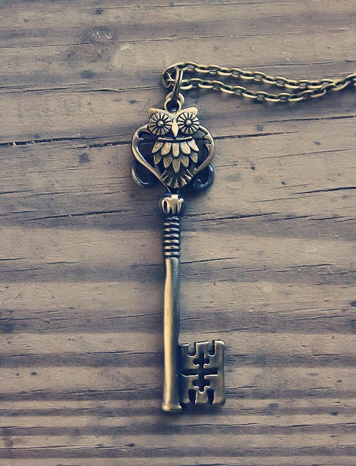 Bronze Owl and Pale Bronze Key Necklace