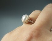 Pearl silver ring cocktail ring handmade sterling silver jewelry, US size 6