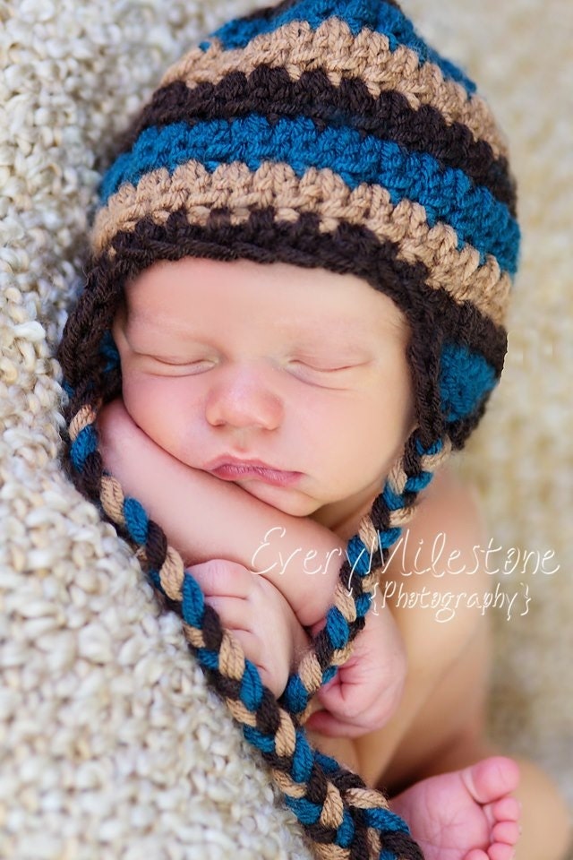 newborn three-striped hat with earflaps almond, brown, and teal stripe photo prop