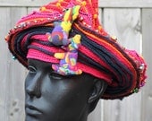 Deep Rust & Vibrant Pink Crochet Hat with Metallic Stars and Two Colorful Animal Pins...