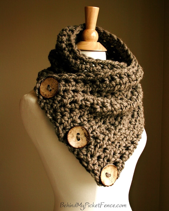 The Original BOSTON HARBOR SCARF  - Note Shipping Times - Warm, soft & stylish scarf with 3 large coconut buttons - Taupe