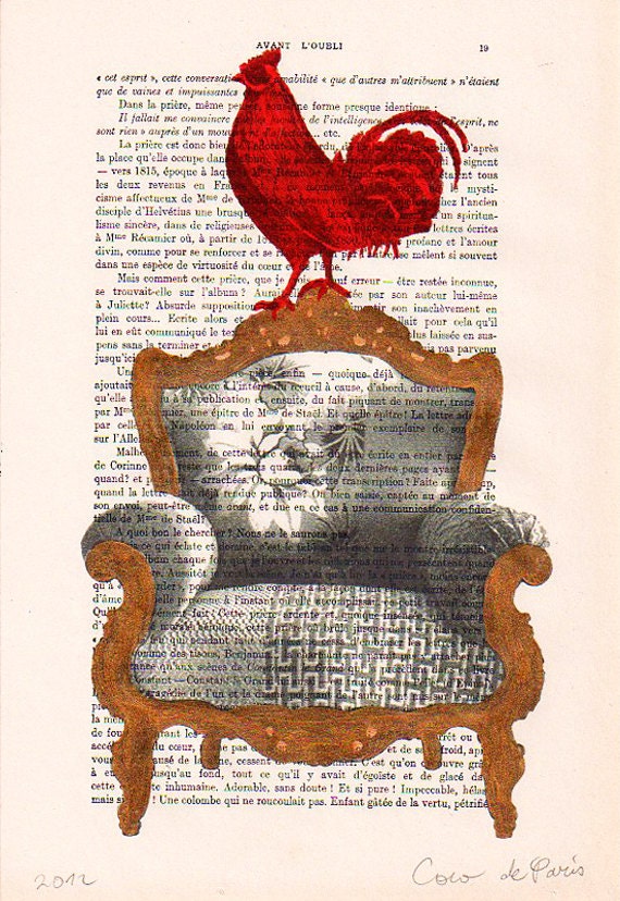 Red Rooster Gold Sofa : Poster Print / Mixed Media / Gift For Him / Digital Print / Drawing Illustration / Acrylic Painting / Vintage Art