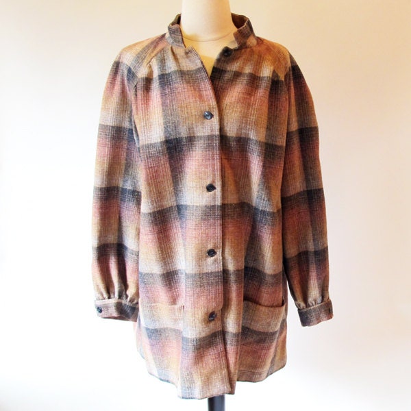 60s Brown Wool Jacket / 1960 Plaid Wool Smock / Women's Earth Tones Large  Jacket