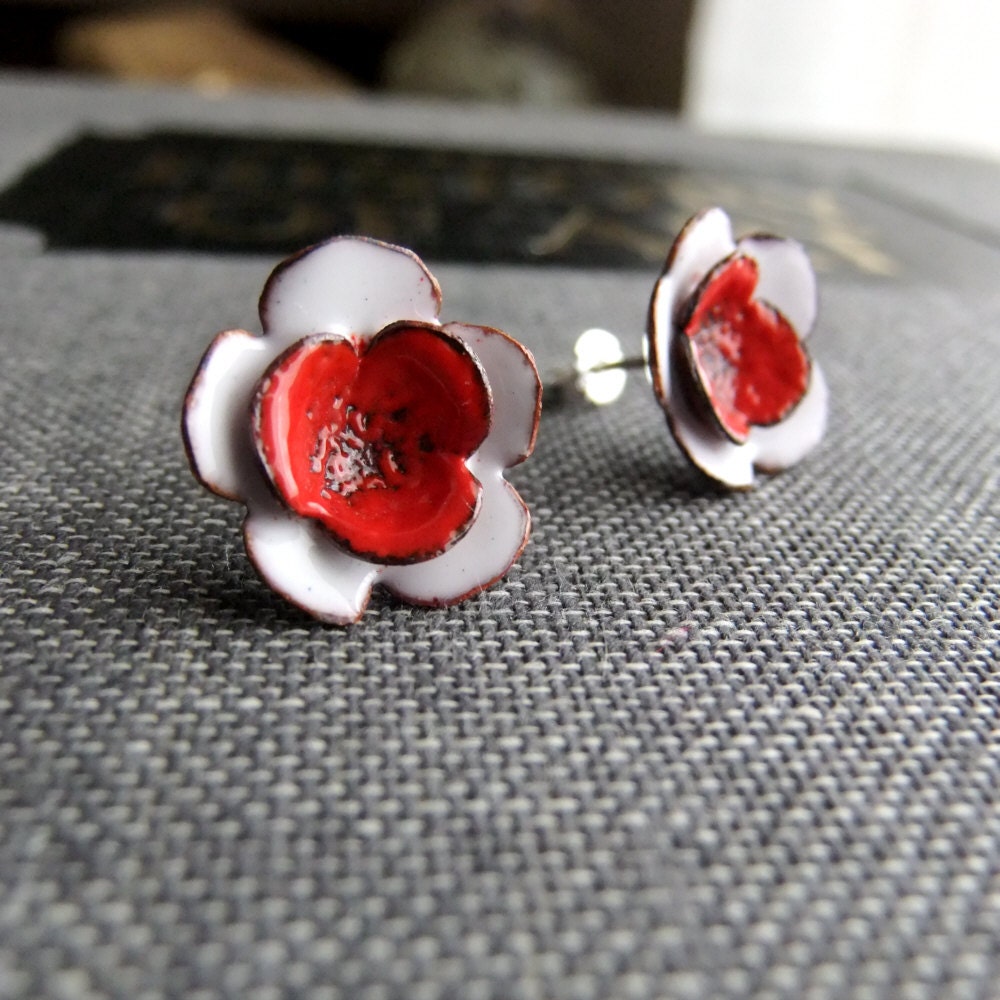 Red and White Flowers -- glass enamel earrings
