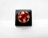 Unusual ring from recycled tile mosaic with red and yellow glass pearl bead - Mixed media jewelry by Lespetitsbuttons