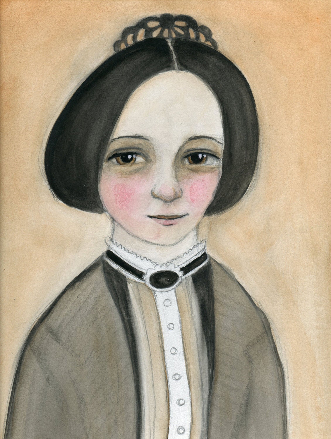 A Illustrated Victorian Lady Portrait, Seamstress Watercolor Portrait Art Print (6x8) Miss Hannah