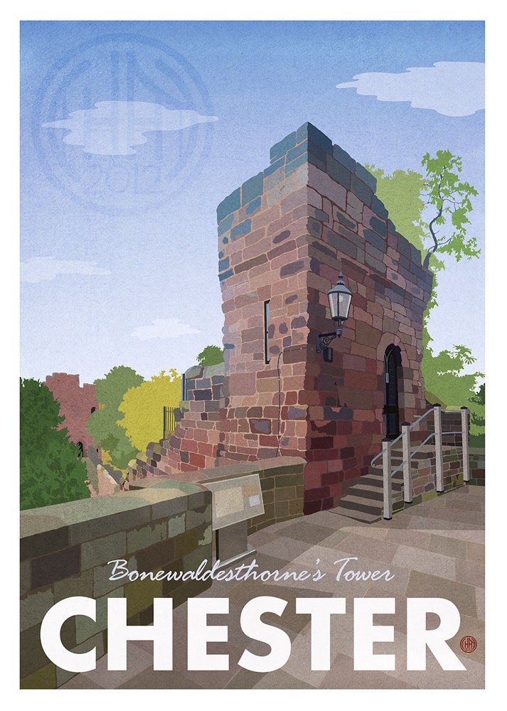 Retro Style Chester Tower Print - A3 Unframed