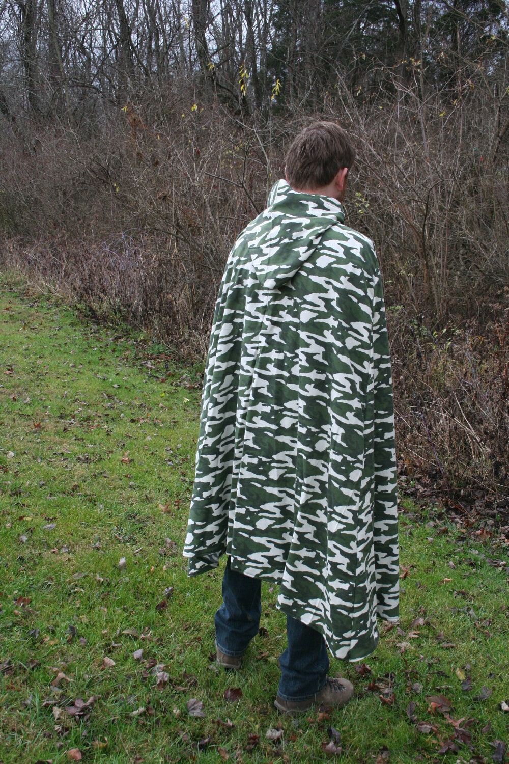 Hooded Cloak, Moss Green Camouflage, Flannel