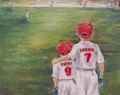 Baseball Art Brother sports digital boys Personalized  Red Names, Numbers, ponytail, art print Colors  children 8x10