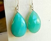 Turquoise Chalcedony Earrings Gemstones Bezel Set in Sterling Silver, Dark Aqua Green Large - Framed Stone Jewelry