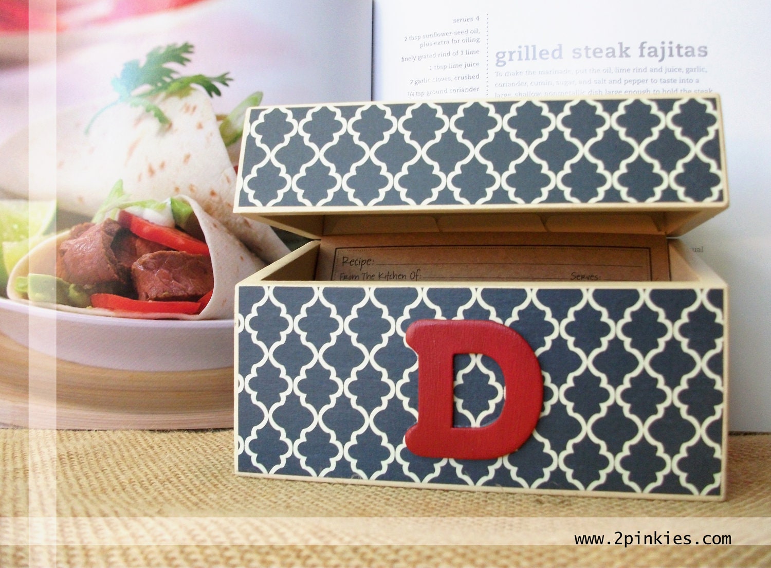 Quatrefoil Recipe Box - Wood Recipe Card Box, Navy and Red, Nautical