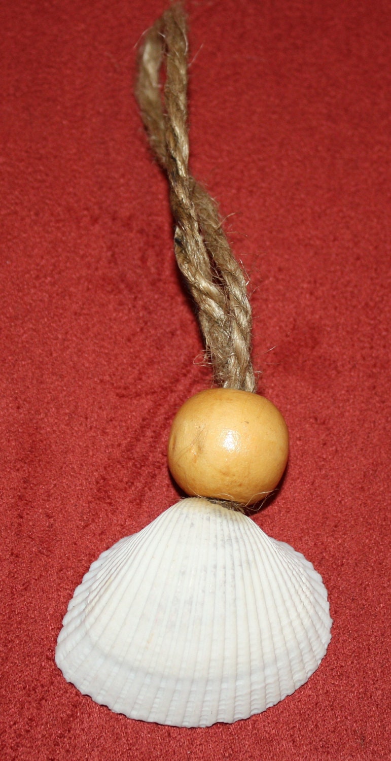 Handmade Simple White Shell Ornament With Wooden Bead And Hemp Twine-Great as a Gift Topper, Home Decor, Ornament, Beach, Cottage Chic