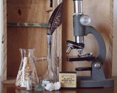 Vintage microscope. "Rosalind." Laboratory glassware. Curiosity cabinet.