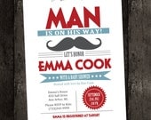Baby Shower Invitation "Little Man on the Way" Mustache, Aqua Blue, Red, Modern, Vintage, Birthday Party, Boy. Personalized (DIY Printable)