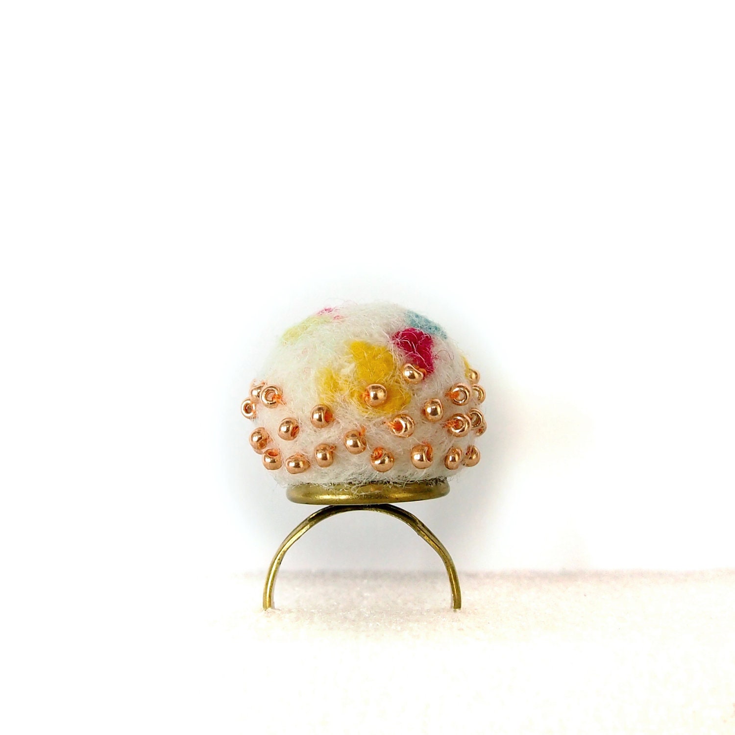 Pin Cushion Needle felted ring candy color felted wool on Adjustable Ring ,  hand sewn rose gold Japanese beads