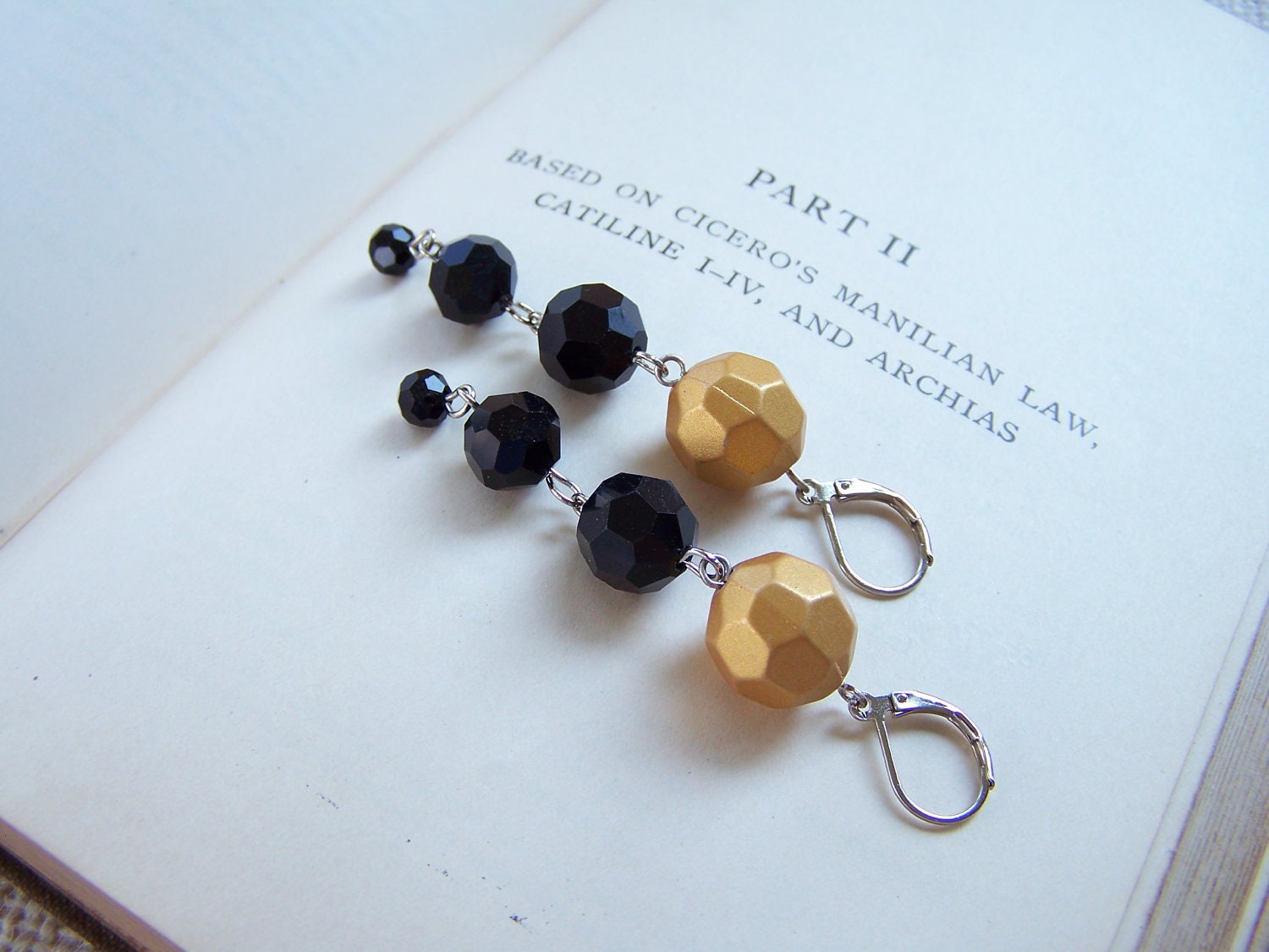 Black and Gold Dangling Leverback Earrings - Long Earrings - Handmade Jewelry - Ready to Ship