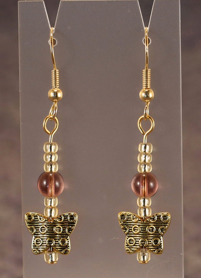Contemporary Metal Butterfly & Amethyst Purple Glass Bead Dangle Earrings, Trendy Handmade Gift
