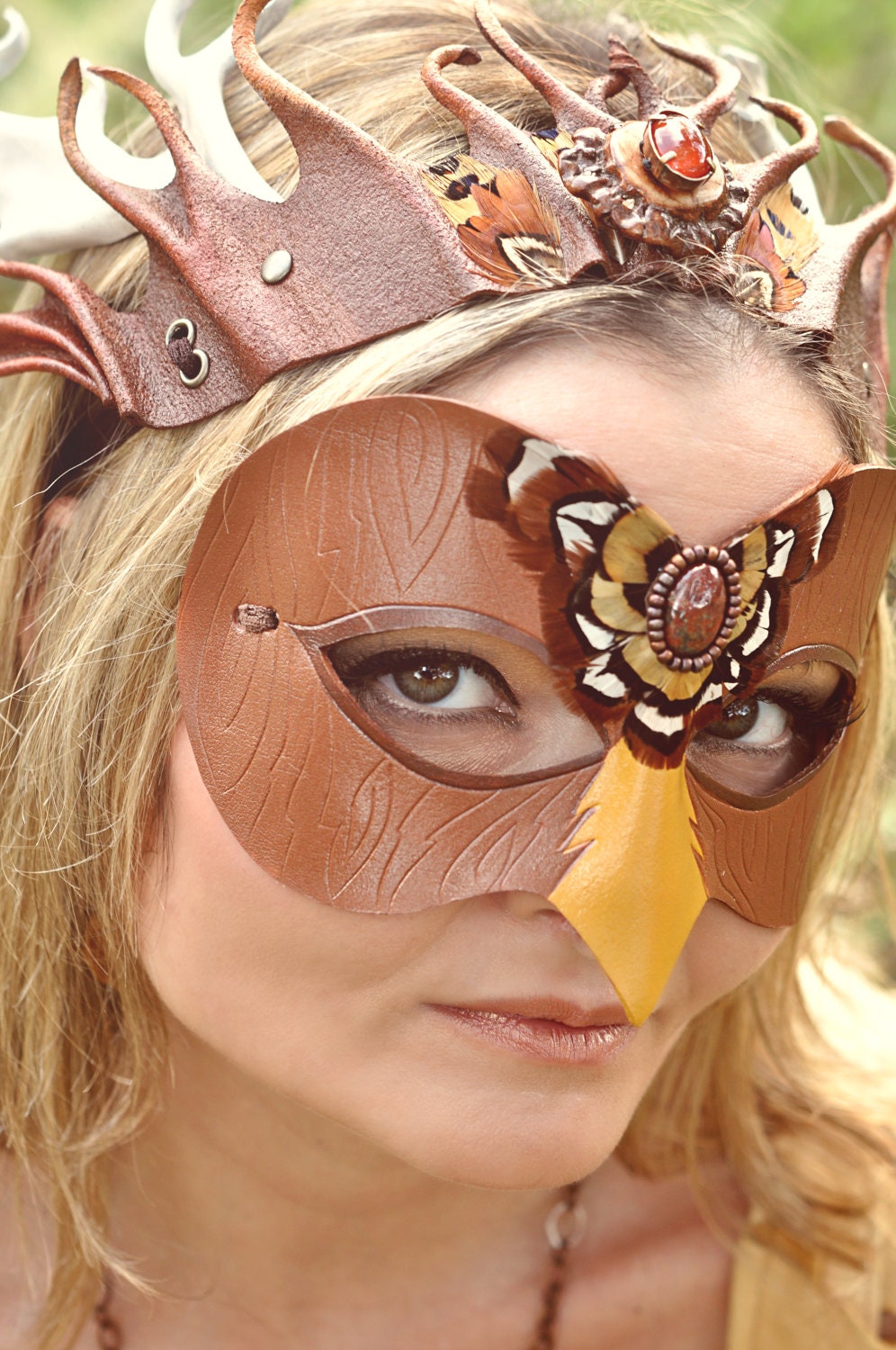 Earthy Leather Bird Mask With Red Jasper And Featherwork